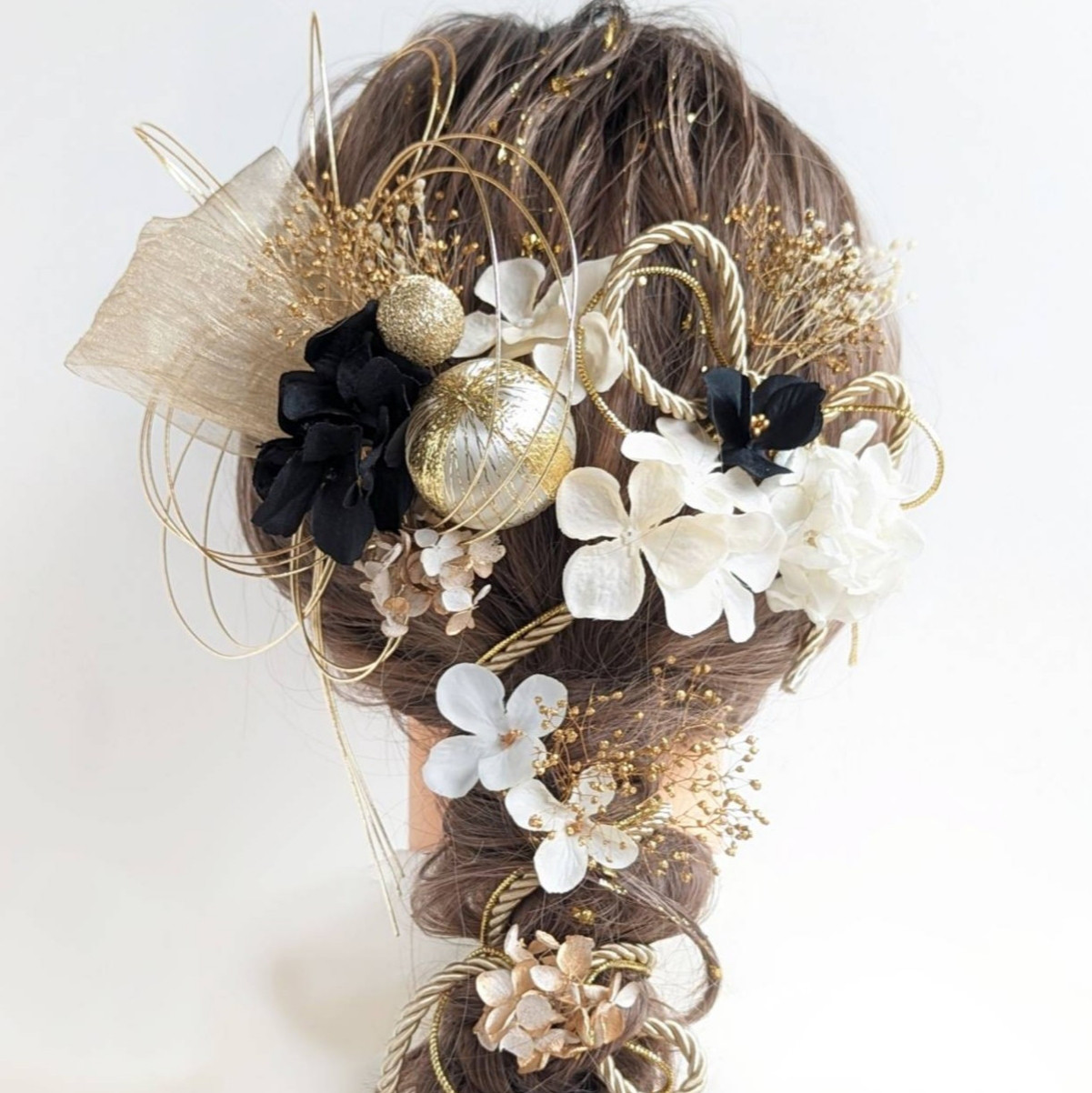 【金箔付】髪飾り 黒 リボン ドライフラワー 水引 成人式 卒業式 結婚式 浴衣 RC101