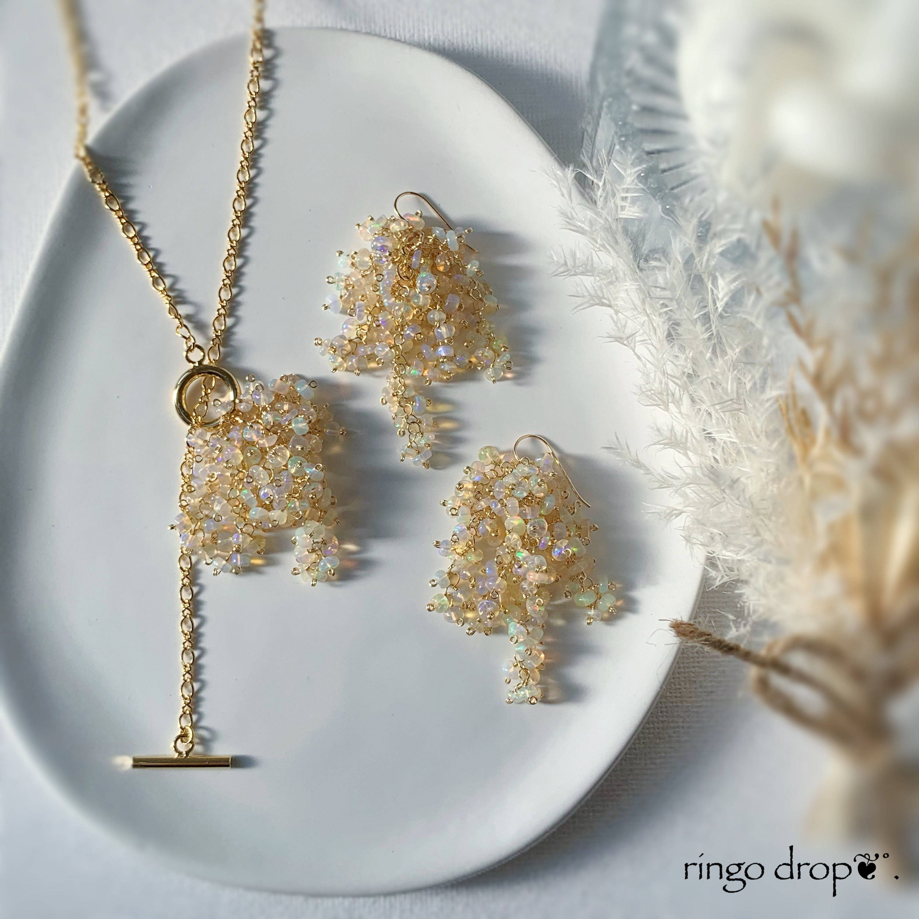 《特別セット》プレシャスオパールのSha-la-laデザイン14kgfピアス/16kgpイヤリング＋ネックレス　天然石