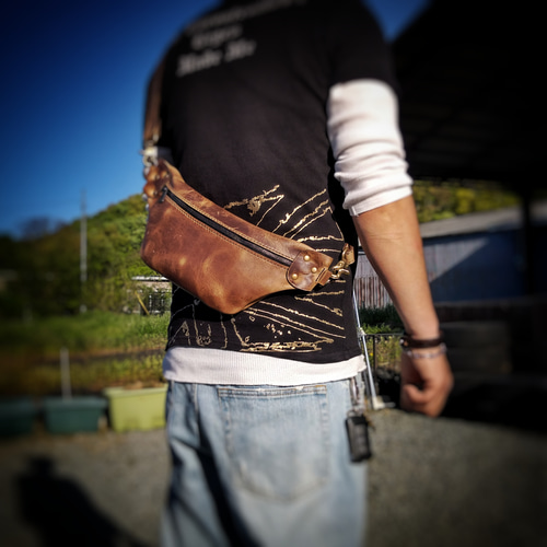 希少革kudu(クードゥー・クーズー)チョコ カスタム可能 ボディバッグ