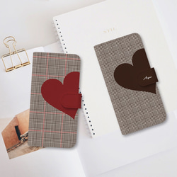 【iPhone15シリーズ対応】Big Heart♡秋色グレンチェック　手帳型スマホケース　ほぼ全機種対応　はめ込み式 1枚目の画像