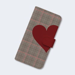 【iPhone15シリーズ対応】Big Heart♡秋色グレンチェック　手帳型スマホケース　ほぼ全機種対応　はめ込み式 2枚目の画像