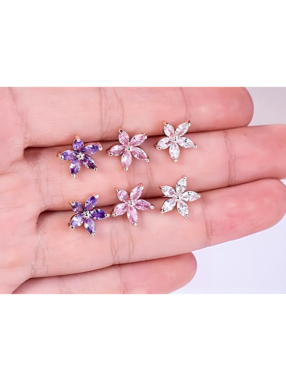 【新作】スタッドピアス ＊Periwinkle＊ 金属アレルギー対応 チタンポスト 花 ピンク ローズゴールド 紫 4枚目の画像