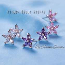 【新作】スタッドピアス ＊Periwinkle＊ 金属アレルギー対応 チタンポスト 花 ピンク ローズゴールド 紫 1枚目の画像