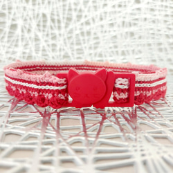 猫の首輪　赤(レッド)系　セーフティーバックル　手編み 2枚目の画像