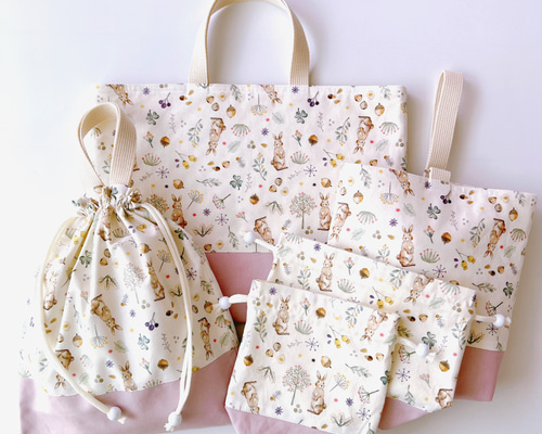 レッスンバッグ 上履き入れ　ナップサック袋　コップ袋　お弁当袋ランチョンマット 楽天市場】入園入学6点セット ベージュ くまとお花 サイズオーダー可