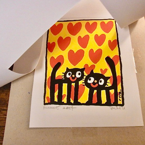 OTTA 手書きイラスト　ポスター　絵　アート OTTA 手描きイラスト チェコ プラハ カレル橋 猫 二匹 ねこ