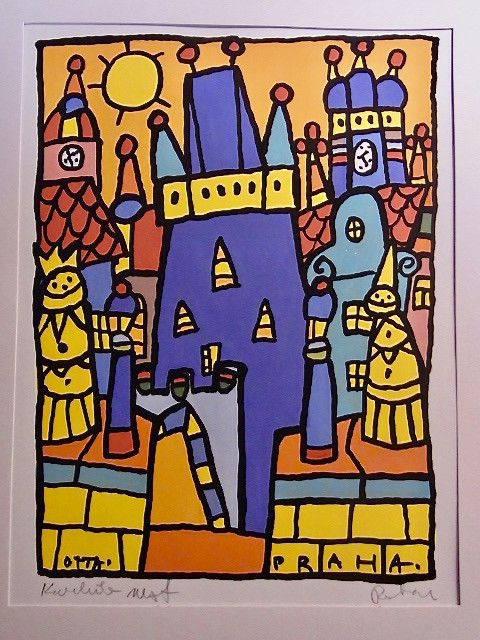 OTTA 手描きイラスト チェコ プラハ カレル橋 風景 天文時計 ポスターカラー 絵