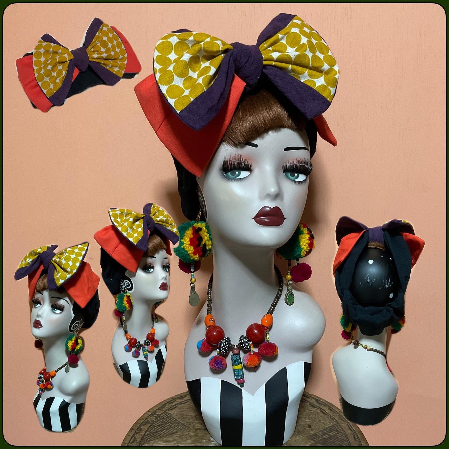 パンプキンカラー　ドット　水玉　固定リボン　ハロウィン　　ヘアターバン　ヘアバンド　ターバン　カチューム