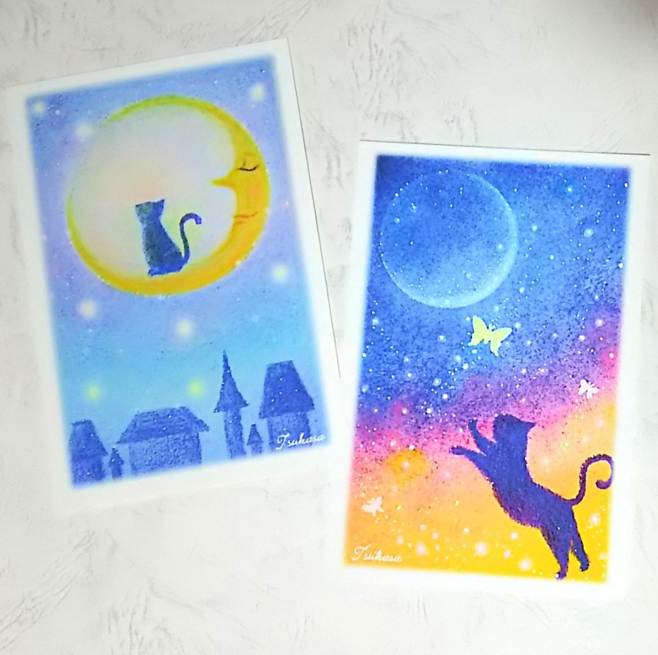 月夜の猫 絵葉書2枚 パステルアート ポストカード ポストカード