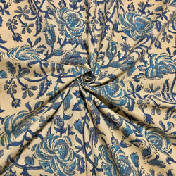【50公分單位】米色布料藍色生印度手工版畫布料棉 第1張的照片