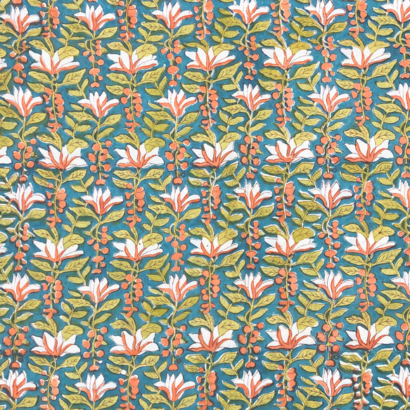 【50cm單位】孔雀藍白紅花印度手工塊印花布料棉質 第4張的照片