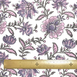 【50cm單位】白色粉紅色紫色花朵帶一耳邊框印度手工塊印花布料棉質 第7張的照片
