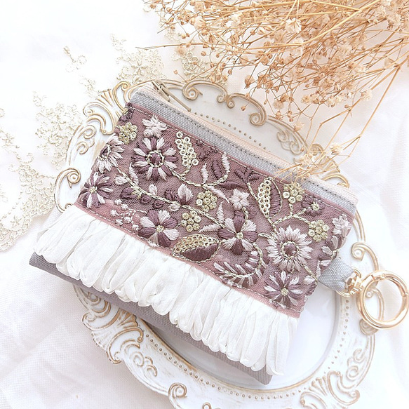 インド刺繍リボン ♡ ポケットティッシュケース 付き ミニポーチ 
