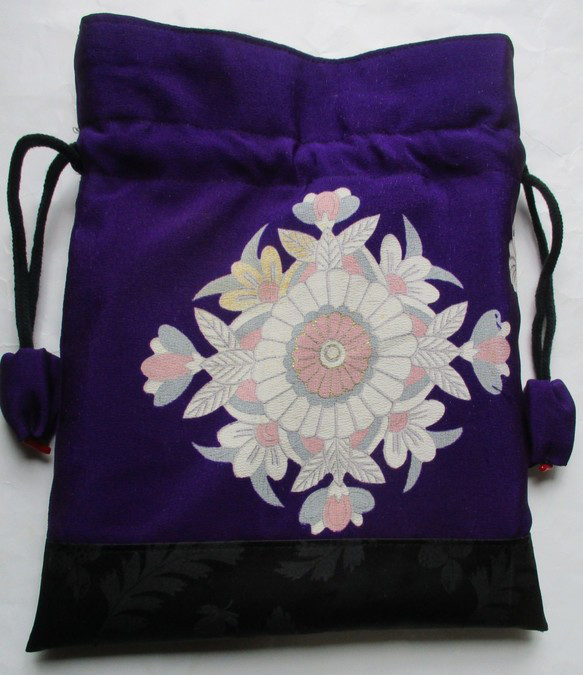 ７４０７　花柄の着物で作った巾着袋　#送料無料 3枚目の画像