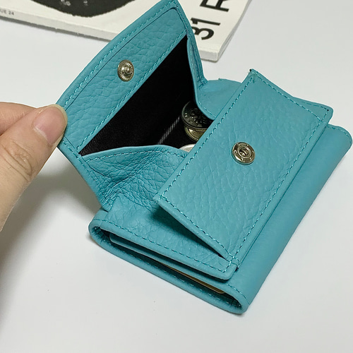 本革 牛革 レザー 三つ折り財布 ミニ財布 財布 ブルー ギフト