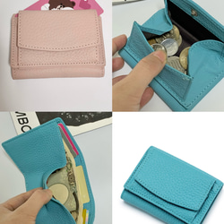 本革 牛革 レザー 三つ折り財布 ミニ財布 財布 ブルー ギフト