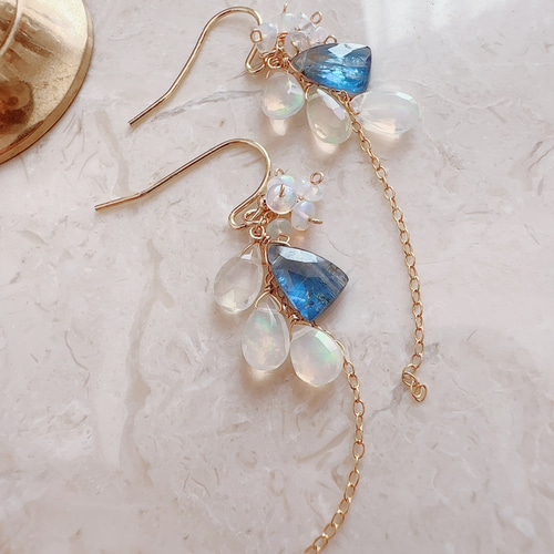 ♢人気♢カラーオパール 宝石質ブルーカイヤナイト 14kgf ピアス