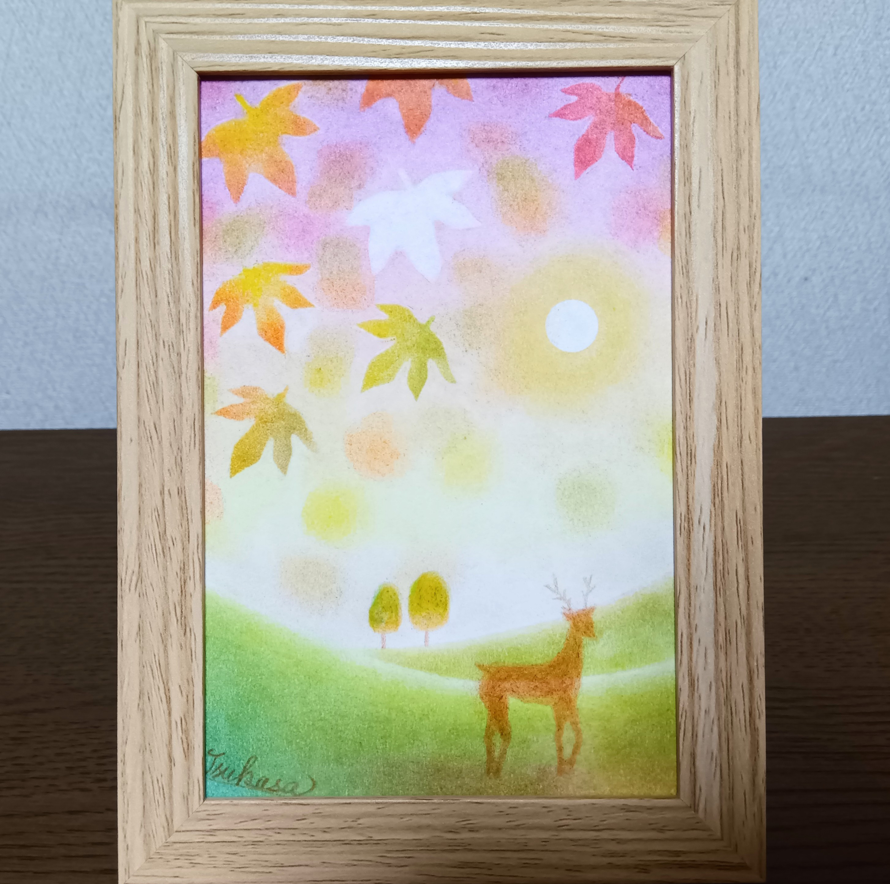 パステルアート 秋の夕日と紅葉鹿 パステル画原画 絵画 T's Arts