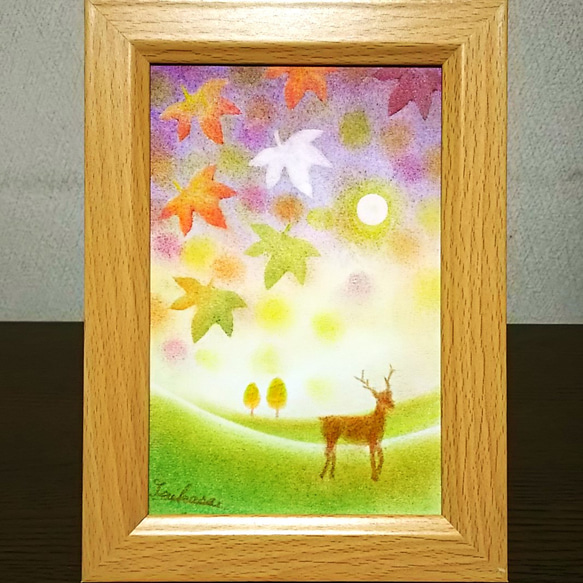 パステルアート 秋の夕日と紅葉鹿 パステル画原画 絵画 T's Arts