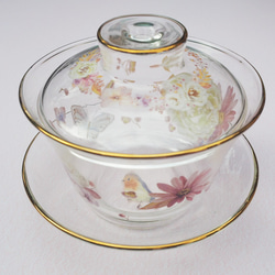 お花と鳥のガラスの蓋碗　中国茶器　ハーブティーにも❤　がいわん　ポーセラーツ　 3枚目の画像