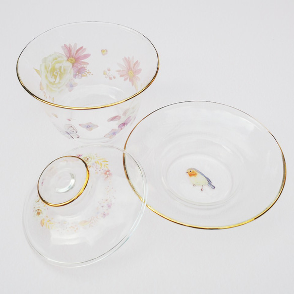 お花と鳥のガラスの蓋碗　中国茶器　ハーブティーにも❤　がいわん　ポーセラーツ　 7枚目の画像