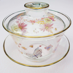 お花と鳥のガラスの蓋碗　中国茶器　ハーブティーにも❤　がいわん　ポーセラーツ　 2枚目の画像