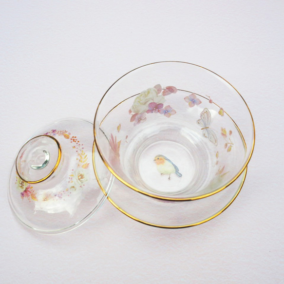 お花と鳥のガラスの蓋碗　中国茶器　ハーブティーにも❤　がいわん　ポーセラーツ　 6枚目の画像