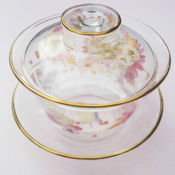 お花と鳥のガラスの蓋碗　中国茶器　ハーブティーにも❤　がいわん　ポーセラーツ　 4枚目の画像