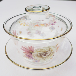 お花と鳥のガラスの蓋碗　中国茶器　ハーブティーにも❤　がいわん　ポーセラーツ　 1枚目の画像