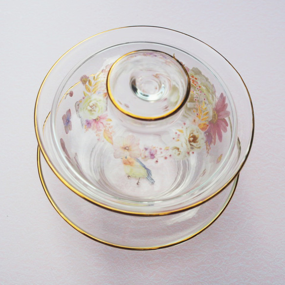 お花と鳥のガラスの蓋碗　中国茶器　ハーブティーにも❤　がいわん　ポーセラーツ　 5枚目の画像