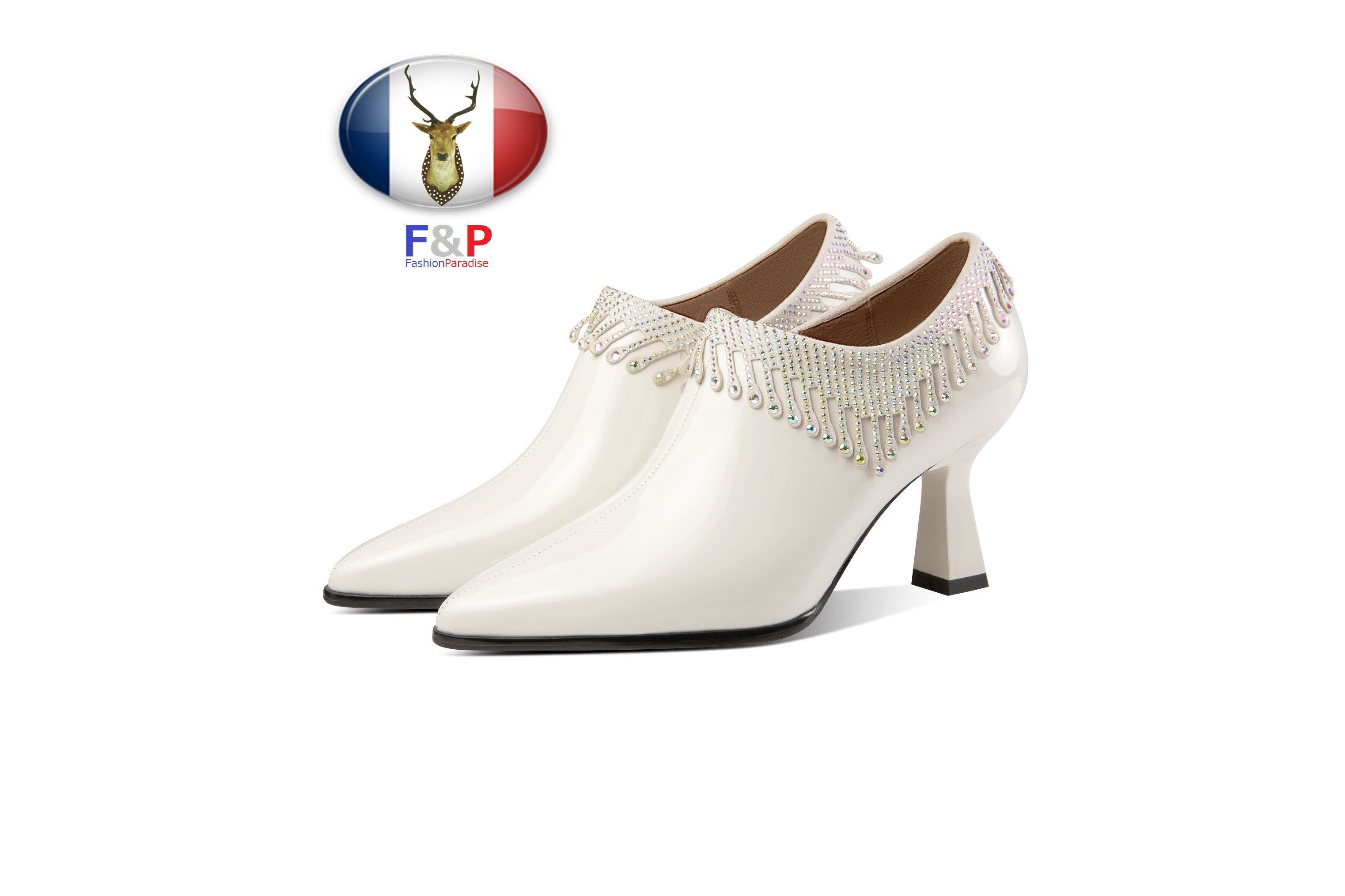 ポインテッドトゥエナメルハラコレザーキラキララインストーンフリンジ付きシューティーブーティパンプス全2色