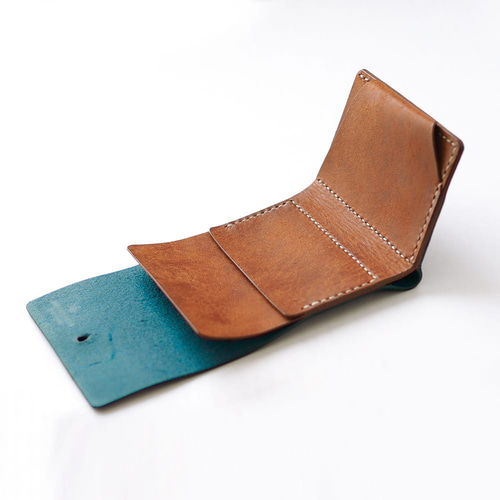 お札を折らない ミニ財布 【ターコイズ×ブラウン】 革 メンズ