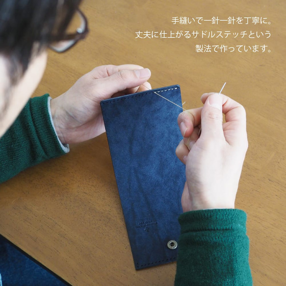 不折疊鈔票迷你皮夾 [藍色 x 棕色] 品牌男士女士鑰匙緊湊型皮革手工縫製 第11張的照片