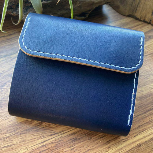 本革 手染め ダークネイビー 三つ折り財布 手縫い ハンドメイド 三