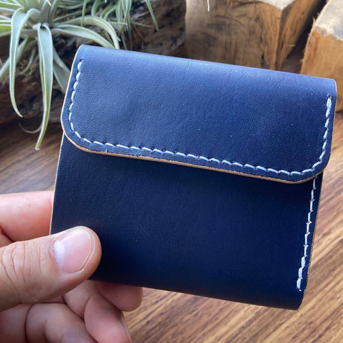 本革 手染め ダークネイビー 三つ折り財布 手縫い ハンドメイド 三