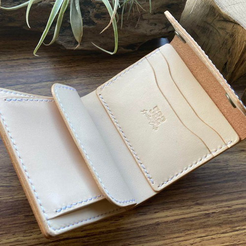 本革 手染め ダークネイビー 三つ折り財布 手縫い ハンドメイド 三