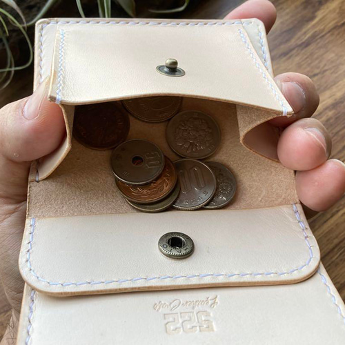 本革 手染め ダークネイビー 三つ折り財布 手縫い ハンドメイド 三