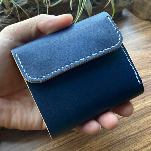 本革 手染め ダークネイビー 三つ折り財布 手縫い ハンドメイド 三