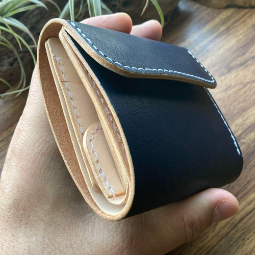 本革 手染め ダークネイビー 三つ折り財布 手縫い ハンドメイド 三