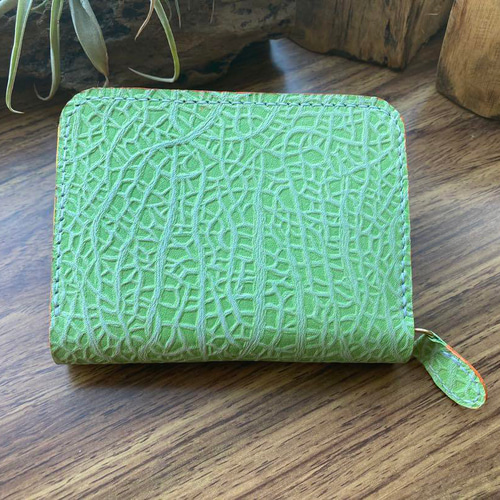 メロンデザイン　牛革財布　ハンドメイド メロンなL字ファスナーコンパクト財布（牛革製）赤肉・青肉