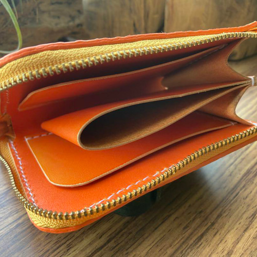 【エテ二朗】メロン型押しレザー 名刺入れ＆L字ファスナー財布　手縫い　本革 メロン】本革 L字ファスナー ミニ財布 メロン型押し