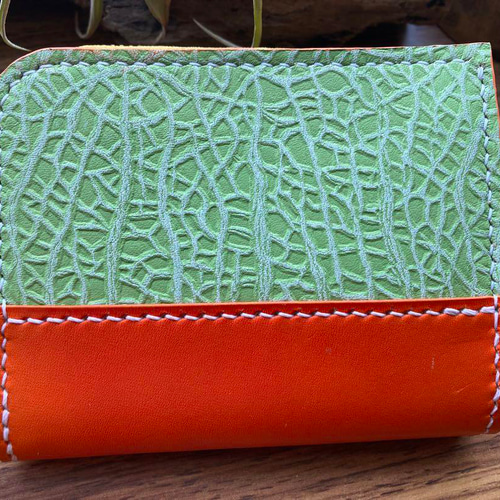 【エテ二朗】メロン型押しレザー 名刺入れ＆L字ファスナー財布　手縫い　本革 32dcca88c4e95848a5e1cc696a71f6