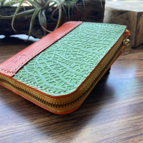 【エテ二朗】メロン型押しレザー 名刺入れ＆L字ファスナー財布　手縫い　本革 32dcca88c4e95848a5e1cc696a71f6