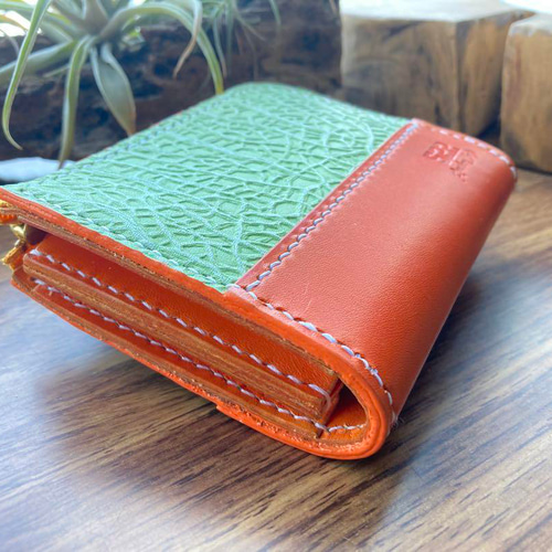 メロン】本革 L字ファスナー財布 メロン型押し本革 ハンドメイド