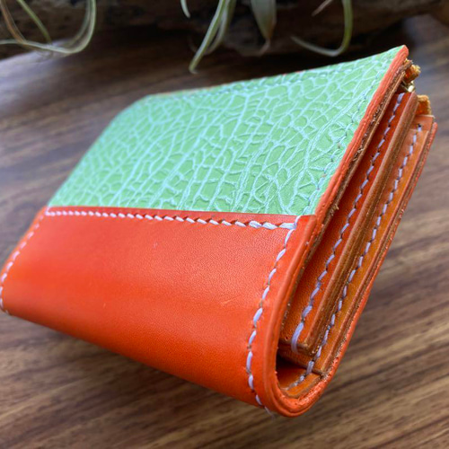 メロン】本革 L字ファスナー財布 メロン型押し本革 ハンドメイド