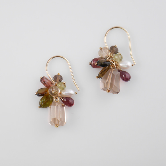 #969 香檳黃水晶與電氣石秋花束耳環 第1張的照片