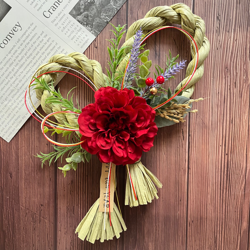 No.240ハート型カラーしめ縄リース2024 ハンドメイドお正月飾り玄関