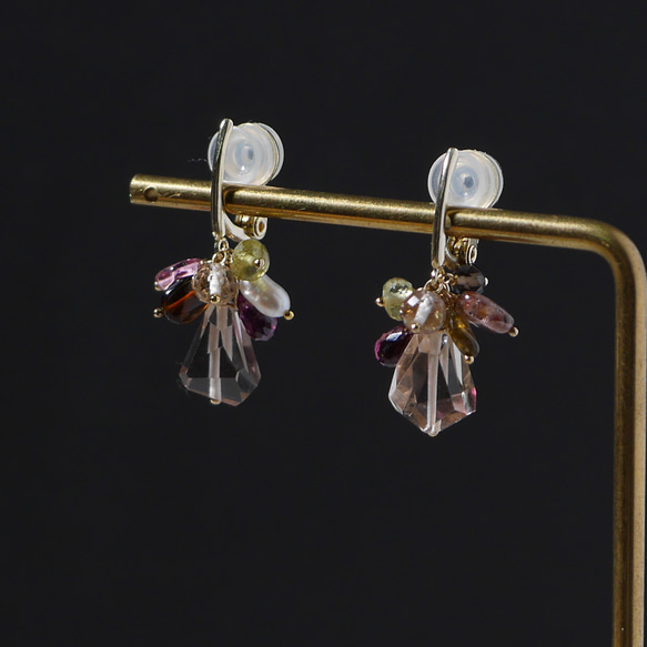 #969E 香檳黃水晶與電氣石秋花束耳環 第3張的照片