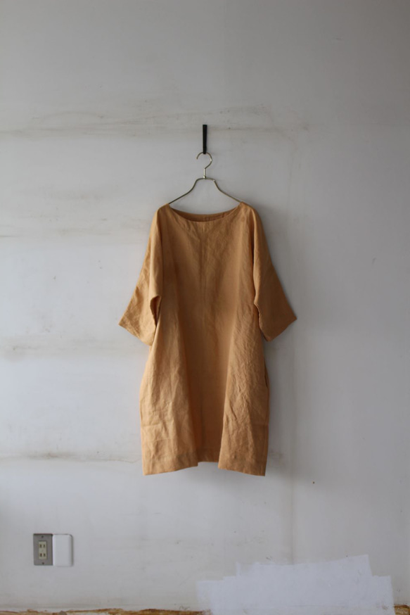 [秋季促銷] 色織亞麻蝙蝠袖連身裙*立陶宛亞麻/杏色 第3張的照片