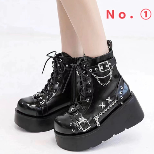 ゴスロリ/ロリータ/ブーツ/スタッズ/男女兼用/厚底/チェーン/ブラック